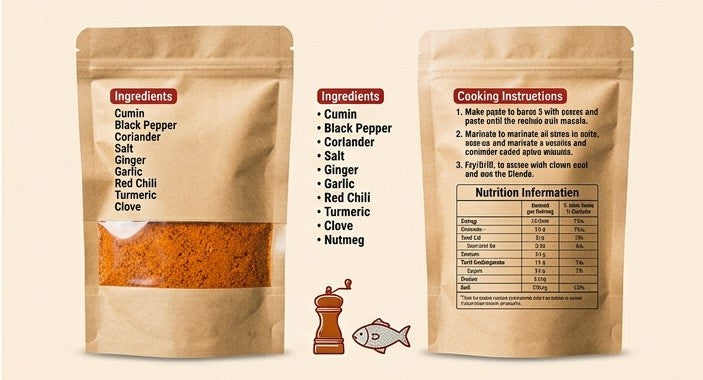 Two kraft paper pouches of spice blend shown side by side on a light beige background. The left pouch shows the front with a clear window revealing orange-brown ground spice and a red label listing ingredients.