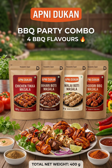 APNi Dukan BBQ Party Combo – 4-in-1 BBQ Masala | Chicken Tikka, Bihari Boti, Malai Boti & Tandoori | 400g – for 20 KG Chicken